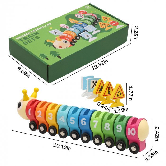renulet Montessori cu indicatoare si cifre 1-10, Omida, este o jucarie educativa din lemn sub forma de tren formata dintr-o omida colorata, vagoane numerotate de la 1 la 10 si 10 indicatoare de circulatie.  Semne de circulatie din lemn, care introduc notiuni de educatie rutiera:”Stop”, „Limita de viteza 50”, „Parcare”, „Cedeaza trecerea” si altele, ajutand copiii sa inteleaga si sa recunoasca semnele de circulatie reale.  Indicatoarele de circulatie au un suport special format pe fiecare vagon in parte pentru a fi introduse.  Vagoanele se unesc intre ele prin arici/ velcro. Trenul stimuleaza recunoasterea culorilor si numerelor, precum si dezvoltarea coordonarii ochi-mana si a motricitatii fine.  Jucaria este robusta si cei mici vor fi incantati sa il plimbe. Vor putea invata numere si culori.  Cea mai buna metoda de invatare pentru copii este aceea de a o integra in joc.  Marginea lustruita cu atentie, este foarte confortabila pentru mainile bebelusului, are 10 vagoane cu cifre de la 1 la 10  si locomotiva.  Fiecare vagon cu cifra este frumos colorat, cei mici vor invata sa insiruie vagoanele cu cifre unul dupa altul.  Sistemul de prindere dintre vagoane putand fi operat si de copii, astfel ca cei mici se pot juca cu usurinta cu acest simpatic trenulet cu vagoane.  Caracteristici:  - Locomotiva și 10 vagoane din lemn.   - Fiecare vagon are 2 roti glisante care aluneca ușor.   -  10 semne de circulatie diferite   - Jucaria trenulet din lemn arata frumos, este atractiva pentru copii, acest lucru îi va face pe copii sa invete lucruri.  Vopsit cu vopsele pe baza de apa.  Lungime trenulet:  18.5 cm [5]