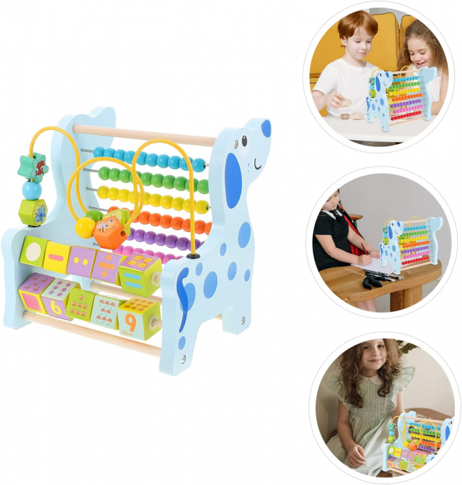 Abac 3 in 1 cu numărătoare din lemn, traseu motricitate și cuburi, jucărie Montessori [2]