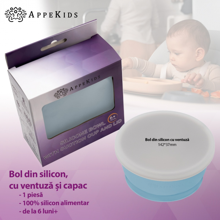 Bol din silicon cu ventuza si capac, AppeKids - Aqua Blue [2]