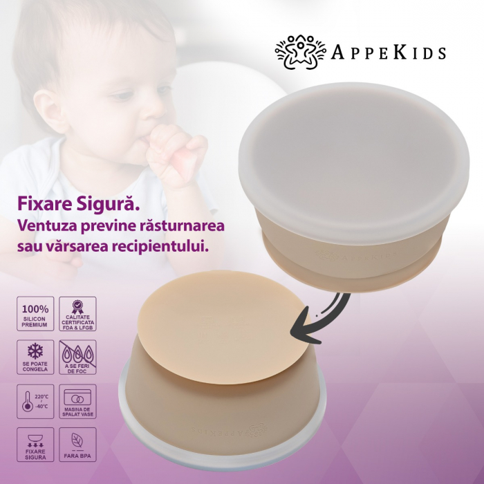 Bol din silicon cu ventuza si capac, AppeKids - Bubble Beige [4]