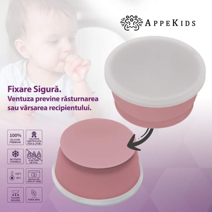 Bol din silicon cu ventuza si capac, AppeKids - Old Rose [3]