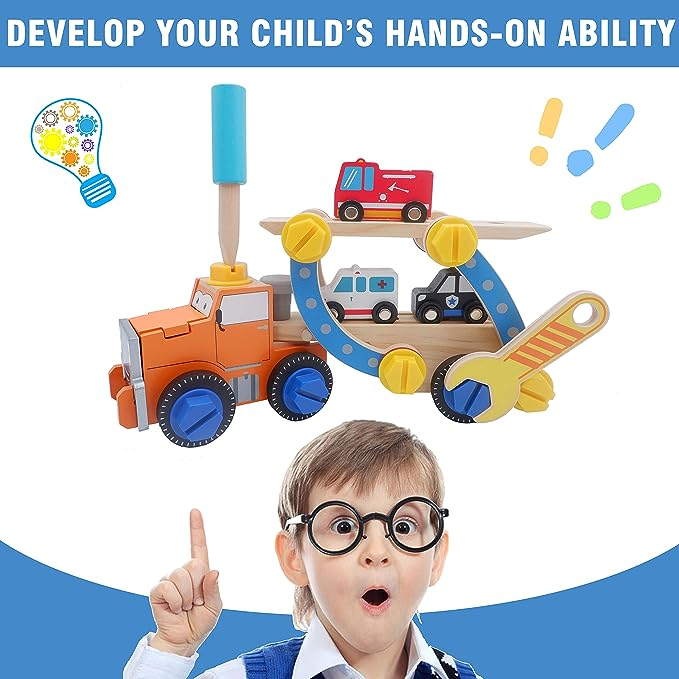 Camion de constructii pentru copii, Acool Toy, Lemn, Multicolor [5]