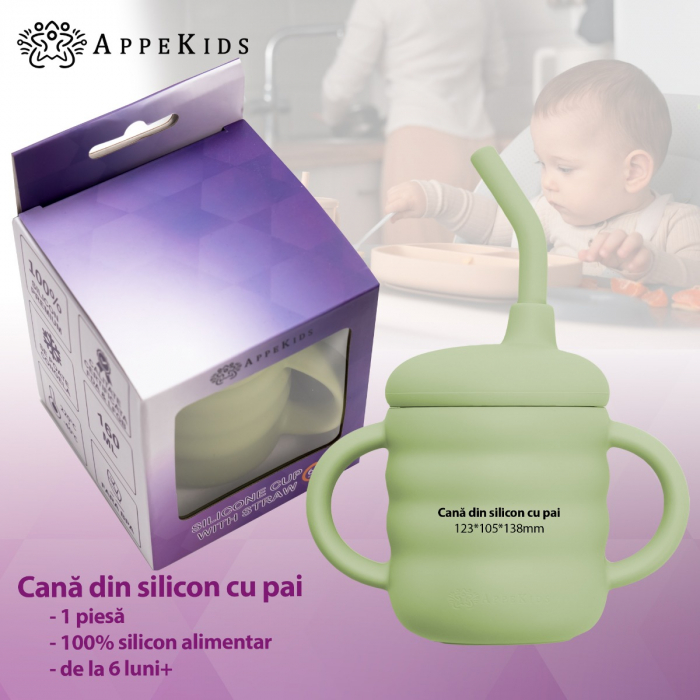 Cana din silicon cu pai, AppeKids - Raw Green [2]