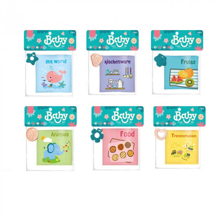 Carte educativa Montessori, pentru copii, din material textil moale, cu jucarie din silicon pentru dentitie, diverse modele. [8]