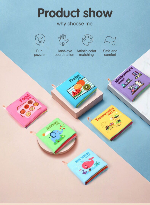 Carte educativa Montessori, pentru copii, din material textil moale, cu jucarie din silicon pentru dentitie, diverse modele. [6]