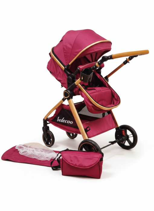 Carucior 2 in 1 cu Landou, Geanta Inclusa, Cadru de Aluminiu, Roti Pivotante 360 si Suport Pahar, 0-36 Luni, ROZ NEON [3]