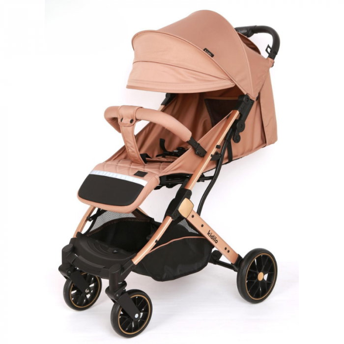 Carucior Sport cu Pliere Tip Troller, cu Pozitie de Somn, Spatar Reglabil, si Cadru Auriu - Roz [1]