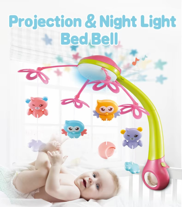 Carusel Muzical pentru Patut Bebelusi cu Proiector, Telecomanda, Lumina de Veghe si Melodii, ROZ/VERDE [3]