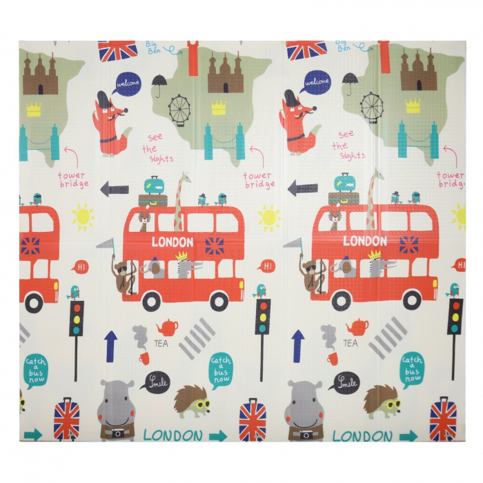 Covoras de joaca pliabil, pentru bebelusi - 2 fete autobuz London/animalute, 180/200/0.8cm [3]