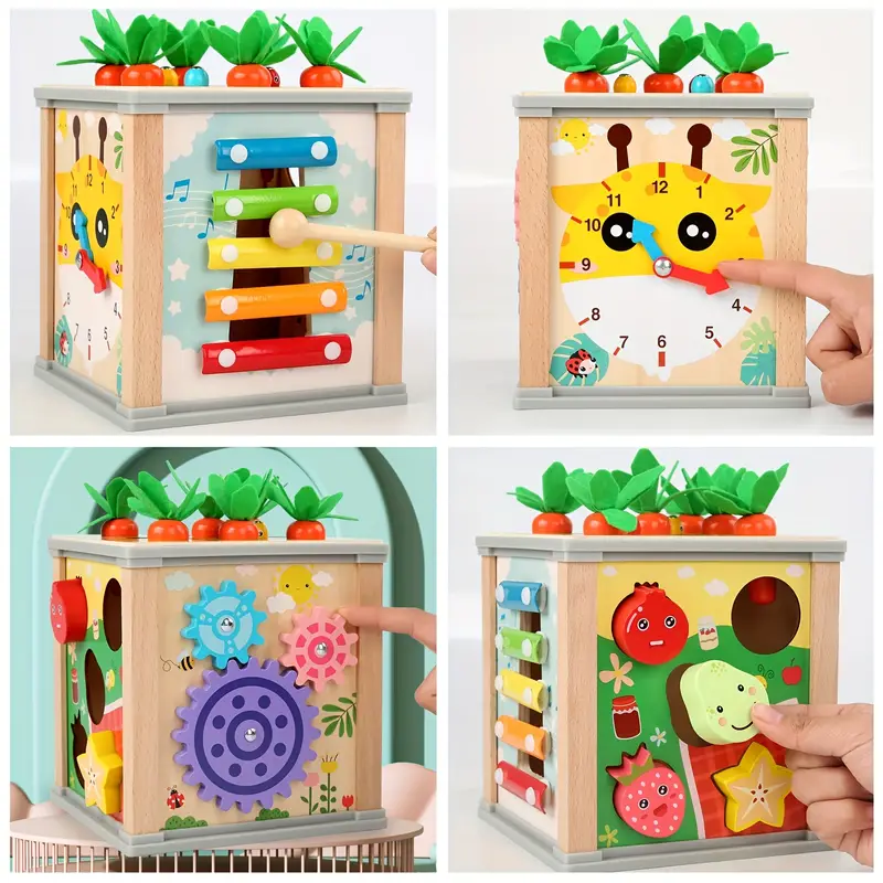 Cub Montessori 6 in 1 - pescuit magnetic, roti zimtate, xilofon, sortare si potrivire forme, ceas [3]