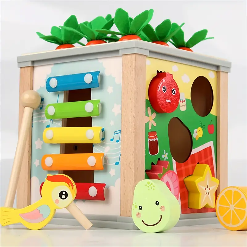 Cub Montessori 6 in 1 - pescuit magnetic, roti zimtate, xilofon, sortare si potrivire forme, ceas [2]