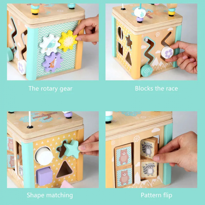 Cub Montessori din Lemn cu 5 Activitati Educative, Culori Pastel [13]