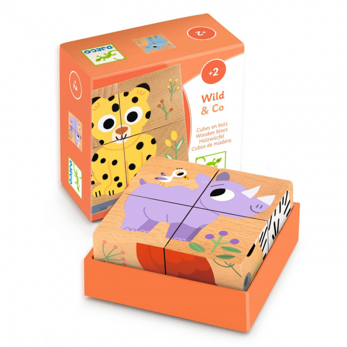 Puzzle din cuburi de lemn Animale salbatice, Djeco [1]