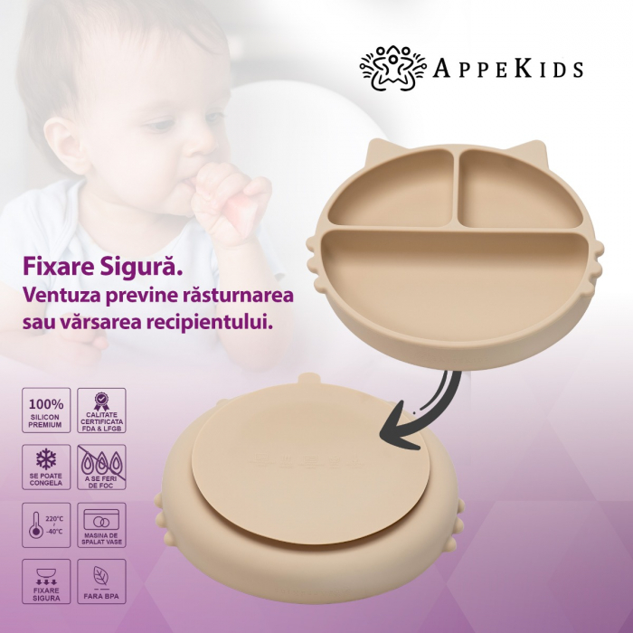 Farfurie compartimentata din silicon cu ventuza, AppeKids - Kitty - Bubble Beige [3]