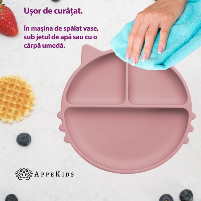 Farfurie compartimentata din silicon cu ventuza, AppeKids - Kitty - Old Rose [4]