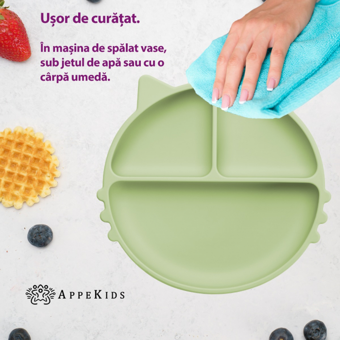 Farfurie compartimentata din silicon cu ventuza, AppeKids - Kitty - Raw Green [4]