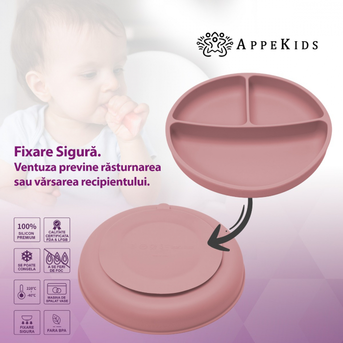 Farfurie compartimentata din silicon cu ventuza, AppeKids - Old Rose [3]
