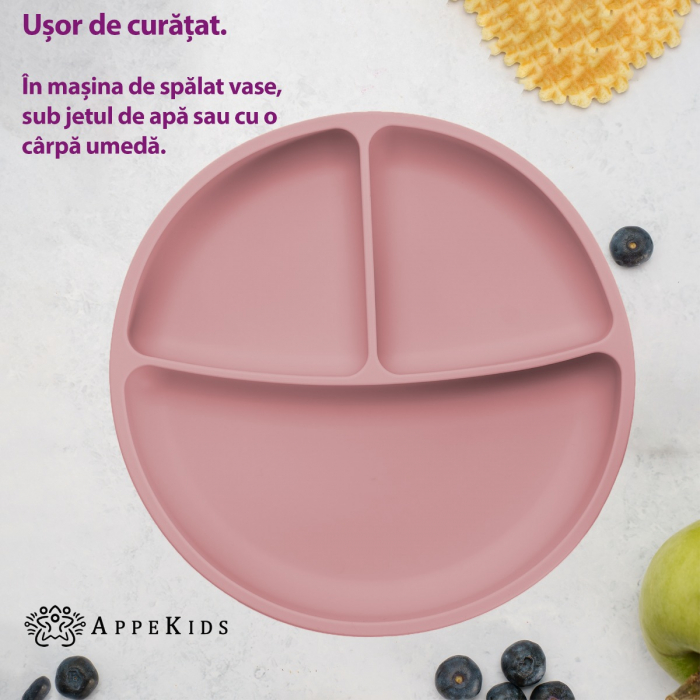 Farfurie compartimentata din silicon cu ventuza, AppeKids - Old Rose [4]