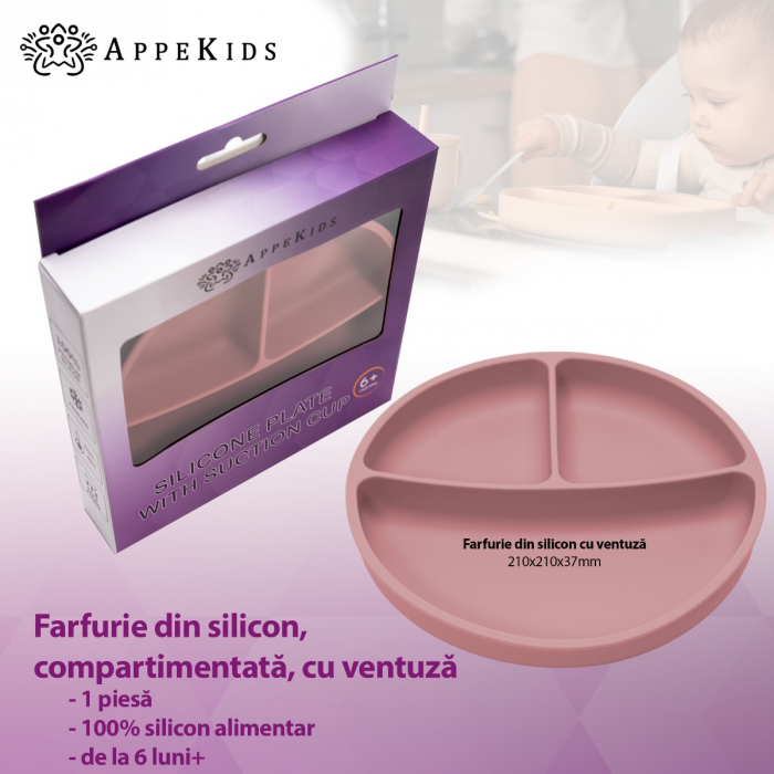 Farfurie compartimentata din silicon cu ventuza, AppeKids - Old Rose [2]