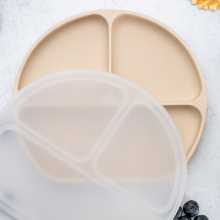 Farfurie compartimentata din silicon cu ventuza si capac, AppeKids - Bubble Beige [1]