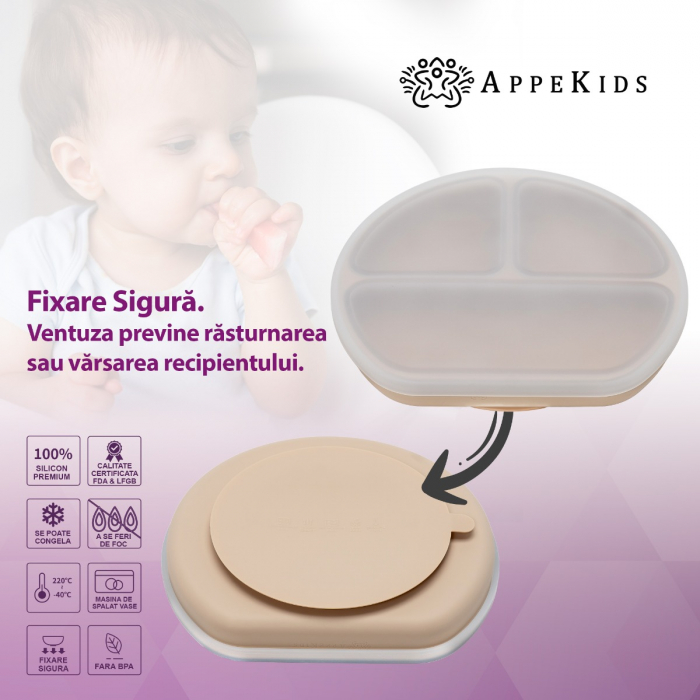 Farfurie compartimentata din silicon cu ventuza si capac, AppeKids - Bubble Beige [3]
