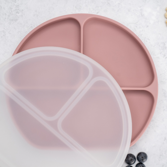 Farfurie compartimentata din silicon cu ventuza si capac, AppeKids - Old Rose [1]