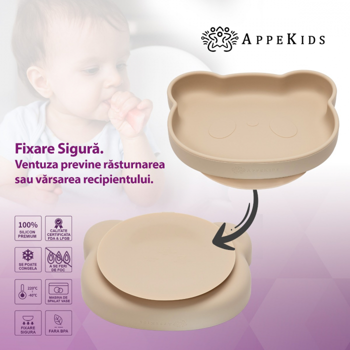Farfurie din silicon cu ventuza, AppeKids, The Little Bear - Bubble Beige [3]