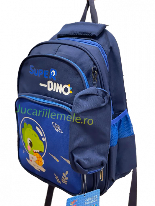Ghiozdan pentru scoala Albastru, Dinozaur in costum de astronaut, cu penar inclus - 40cm si 3 compartimente [1]