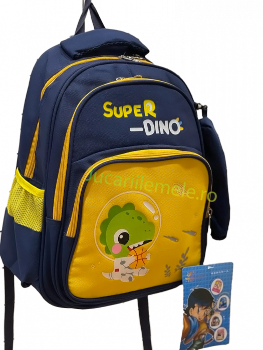 Ghiozdan pentru scoala Albastru/Galben, cu Dinozaur in costum spatial si penar inclus - 40cm si 3 compartimente [3]
