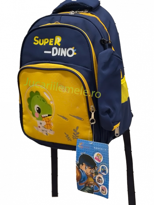 Ghiozdan pentru scoala Albastru/Galben, cu Dinozaur in costum spatial si penar inclus - 40cm si 3 compartimente [1]