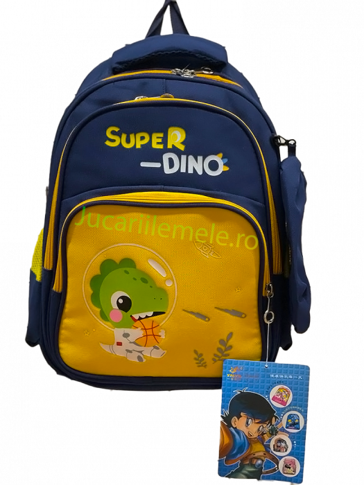 Ghiozdan pentru scoala Albastru/Galben, cu Dinozaur in costum spatial si penar inclus - 40cm si 3 compartimente [2]