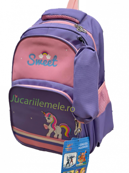 Ghiozdan pentru scoala Roz/Mov, cu Unicorn si penar inclus - 40cm si 3 compartimente [1]