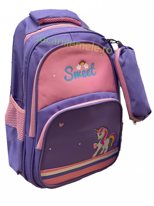 Ghiozdan pentru scoala Roz/Mov, cu Unicorn si penar inclus - 40cm si 3 compartimente [3]