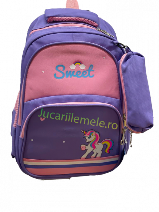 Ghiozdan pentru scoala Roz/Mov, cu Unicorn si penar inclus - 40cm si 3 compartimente [2]