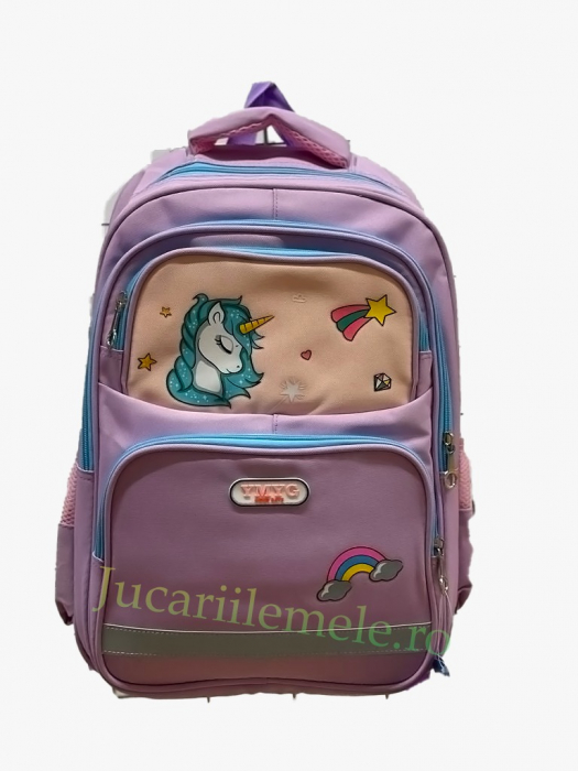 Ghiozdan roz cu unicorn pentru școală - 45cm, 4 compartimente [3]