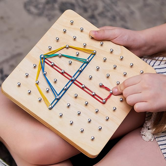 Joc Educativ din Lemn Montessori Geoboard cu Elastice Colorate [4]