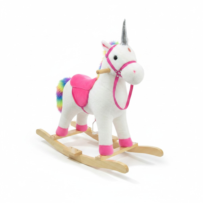 Jucarie Balansoar din Plus, Design Unicorn, Corn Argintiu si Coama Curcubeu, Alb/Roz [2]