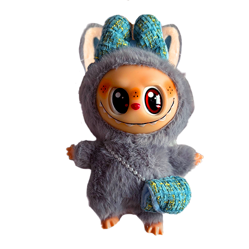 Jucarie de Plus Labubu, Model cu Geanta si Fundita, 18 cm, Gri [1]