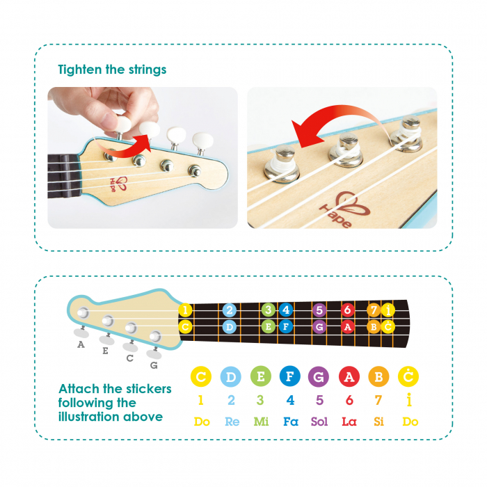 Jucarie din lemn – Instrument Ukulele (chitara) alba – invata sa canti cu lumini [2]
