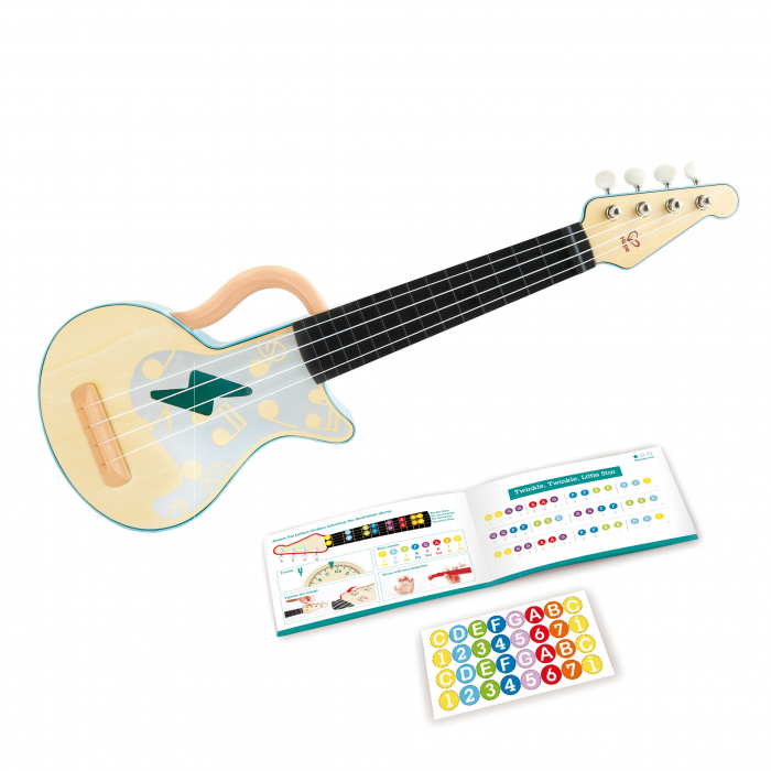 Jucarie din lemn – Instrument Ukulele (chitara) alba – invata sa canti cu lumini [1]