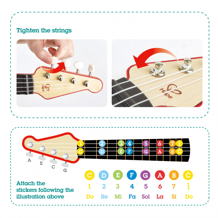 Jucarie din lemn - Instrument Ukulele (chitara) rosu - invata sa canti cu lumini [4]