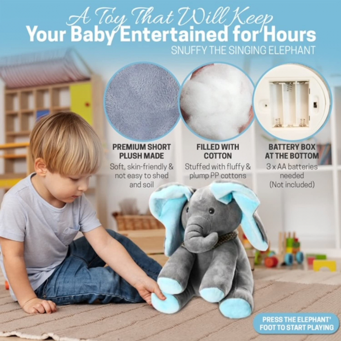 Jucarie Din Plus Elefant Cucu Bau, Albastru/Gri, 30 cm [3]