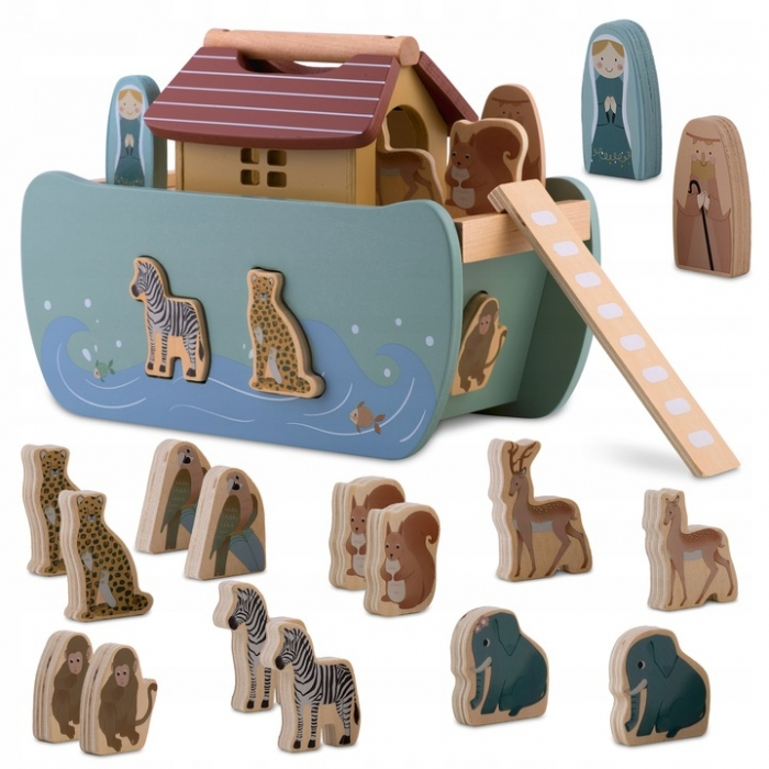Jucarie educativa Arca lui Noe din lemn cu animalute, 17.5 x 13.5 x 20 cm, Nukido NK-862 [1]
