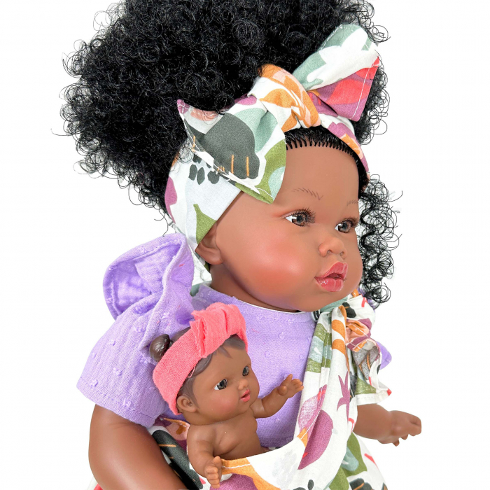 Papusa Nines D'Onil, Maria Afro, cu sunete, cu bebelus, cu rochie mov, cu miros de vanilie, 45 cm [2]