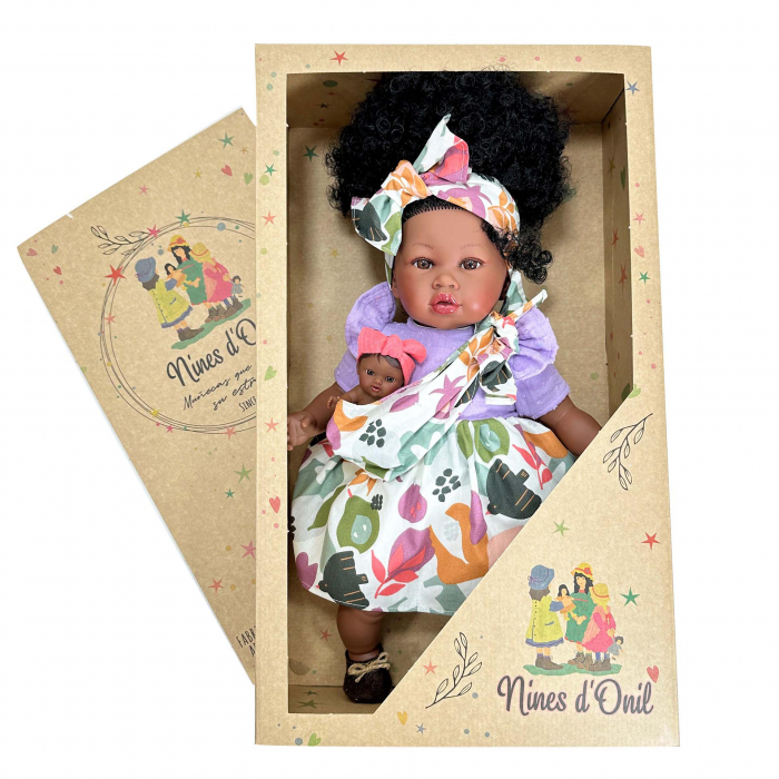 Papusa Nines D'Onil, Maria Afro, cu sunete, cu bebelus, cu rochie mov, cu miros de vanilie, 45 cm [4]