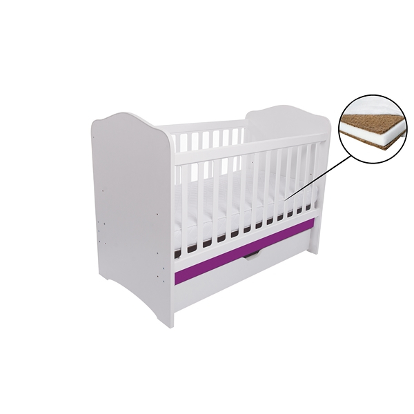 Patut VESSANTI Como cu sertar - Alb cu Violet + Saltea Cocos 10 cm [1]