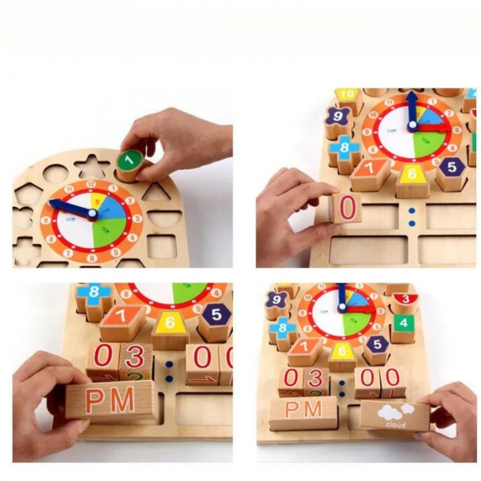 Placă Montessori din Lemn cu Ceas, Litere, Cifre și Forme Geometrice [2]
