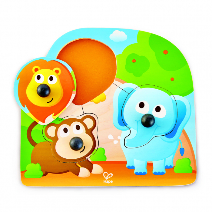 Puzzle din lemn cu butoni - Animale din Jungla cu nas mare [1]