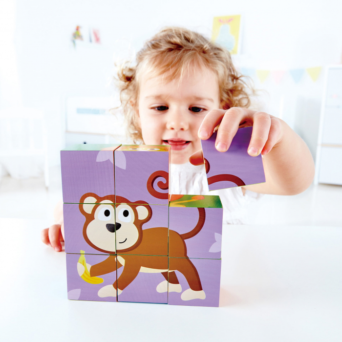 Puzzle din lemn cuburi - Animale din Jungla 3 x 3 [5]