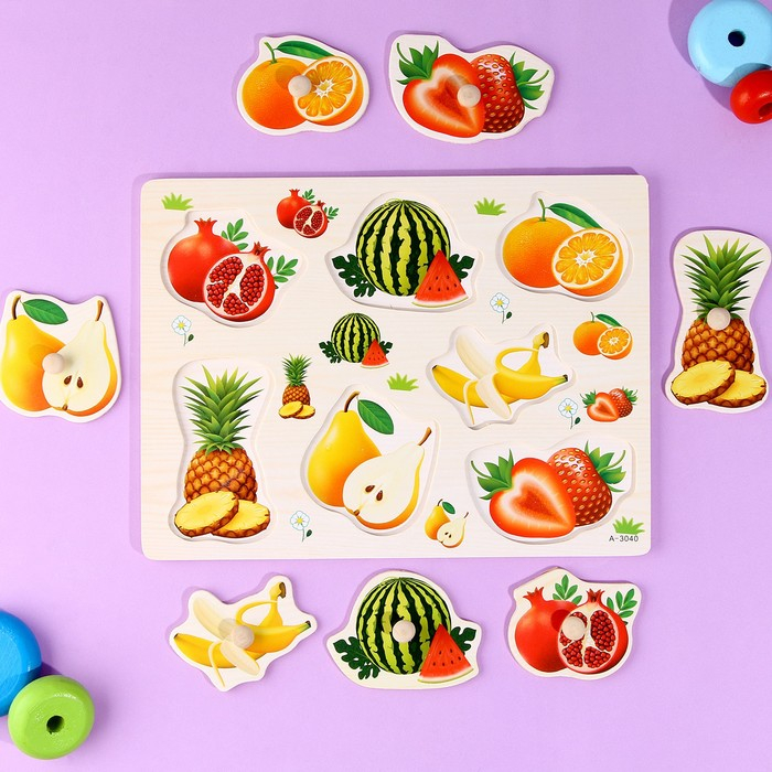Puzzle Incastru Din Lemn Cu Fructe Cu Buton Si Imagini, 30x22 cm [3]